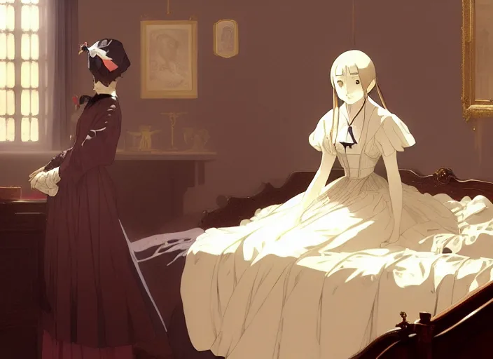 Image similar to victorian britain 1 8 3 6, 1 6 year old florence nightingale, hears the voice of god, in a luxurious english victorian bedroom, finely detailed perfect art, gapmoe yandere grimdark, trending on pixiv fanbox, painted by greg rutkowski makoto shinkai takashi takeuchi studio ghibli