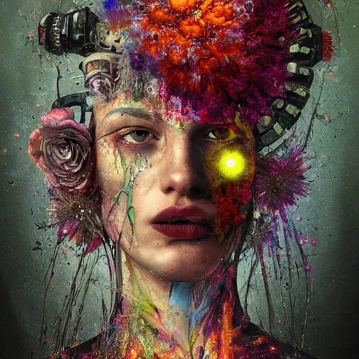 Prompt: art portrait of an android with flowers exploding out of head, decaying ,8k,by tristan eaton,Stanley Artgermm,Tom Bagshaw,Greg Rutkowski,Carne Griffiths, Ayami Kojima, Beksinski, Giger,trending on DeviantArt,face enhance,hyper detailed,cityscape background,cybernetic, android, blade runner,full of colour,