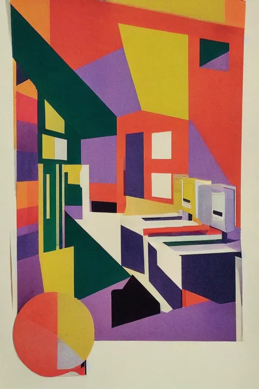 Prompt: A control room of the people filled with mystic noise by Sonia Delaunay, paper cutouts of plain colors, risograph print