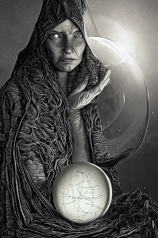 Image similar to wizard in a hooded cloak gazing into a crystal ball, high details, intricately detailed, by vincent di fate, artgerm julie bell beeple, inking, screen print