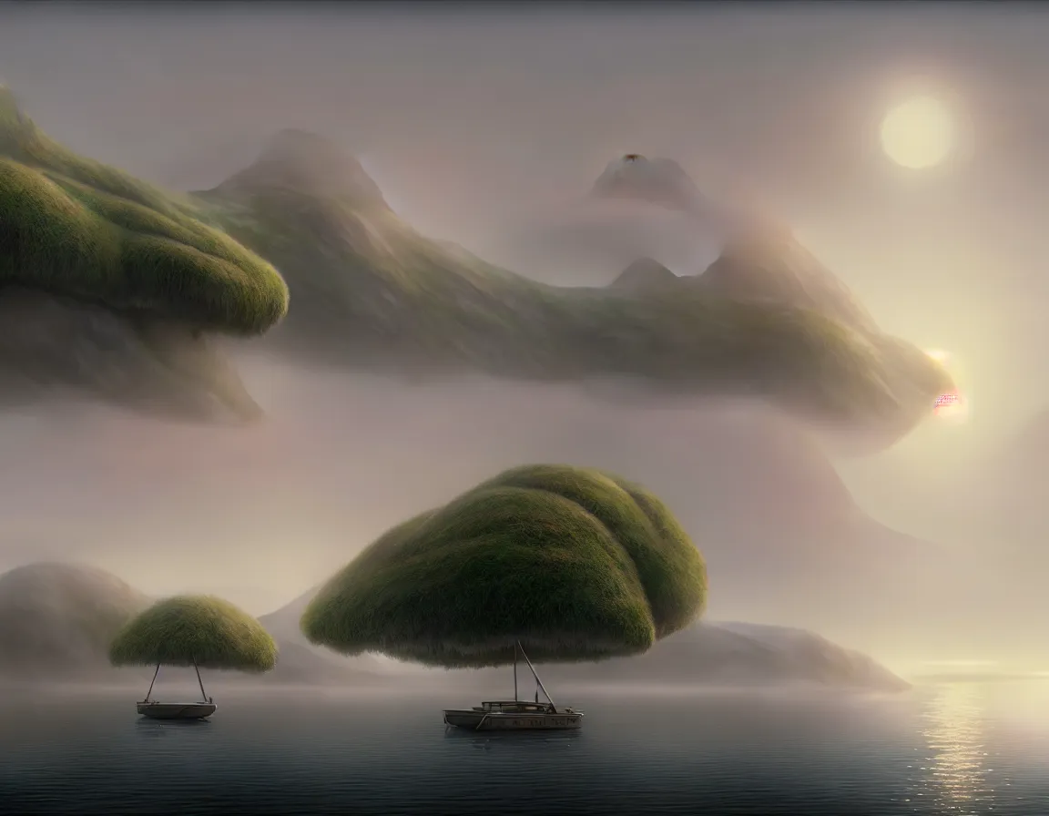 Image similar to ultra realistic illustration of fantasy island floating in the foggy sky, serene evening atmosphere, soft lens, soft light, in the style of cgsociety, deviantart, artstation, zbrush, studio matte painting, in the style of martin johnson heade