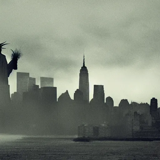 Prompt: fog consuming New York City giant Cthulhu in background staring at city, high definition