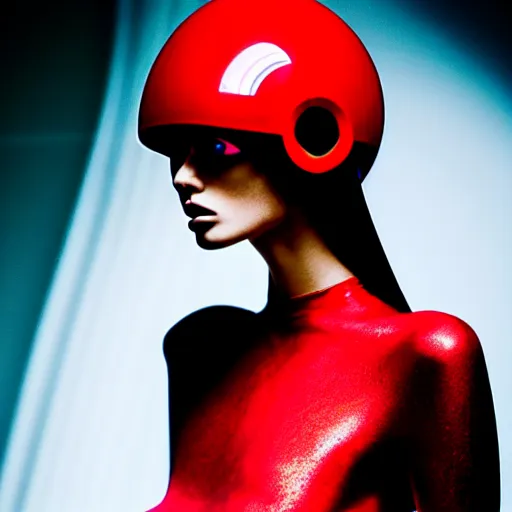 Image similar to female fashion model in year 3000 in a cave, model wearing a surreal Avant-garde helmet in red, dramatic lighting,photography , official Versace editorial , highly detailed