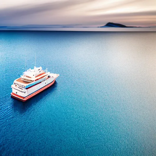 Image similar to aerial view of a lone boat in the middle of the ocean. 35mm. tilt shift. 8k. high resolution photo. detailed. sharp W-1024 H-1024