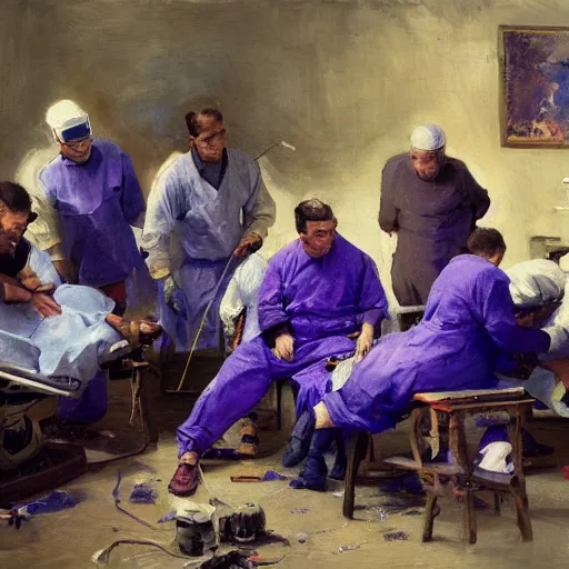 Image similar to by wlop 4 k resolution, blue - violet curvaceous. a beautiful photograph of a team of surgeons gathered around a patient on an operating table, with one surgeon in the process of cutting into the patient's chest. the photograph is full of intense colors & brushstrokes, conveying the urgency & intensity of the surgery.