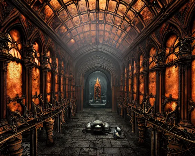 Image similar to steam necropolis, memento mori, gothic, neo - gothic, art nouveau, hyperdetailed copper patina medieval icon, stefan morrell, philippe druillet, ralph mcquarrie, concept art, steampunk, unreal engine, detailed intricate environment, octane render, moody atmospherics, volumetric lighting, ultrasharp, ominous, otherworldly