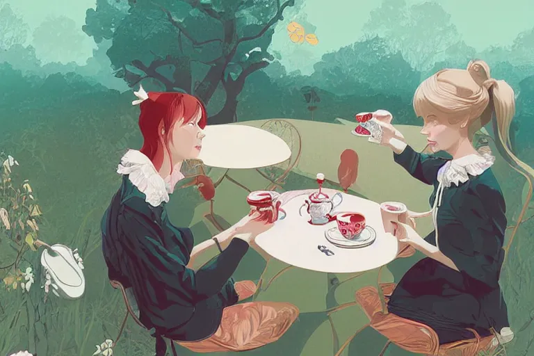 Prompt: tea time in wonderland by lewis carroll, digital illustration by ilya kuvshinov