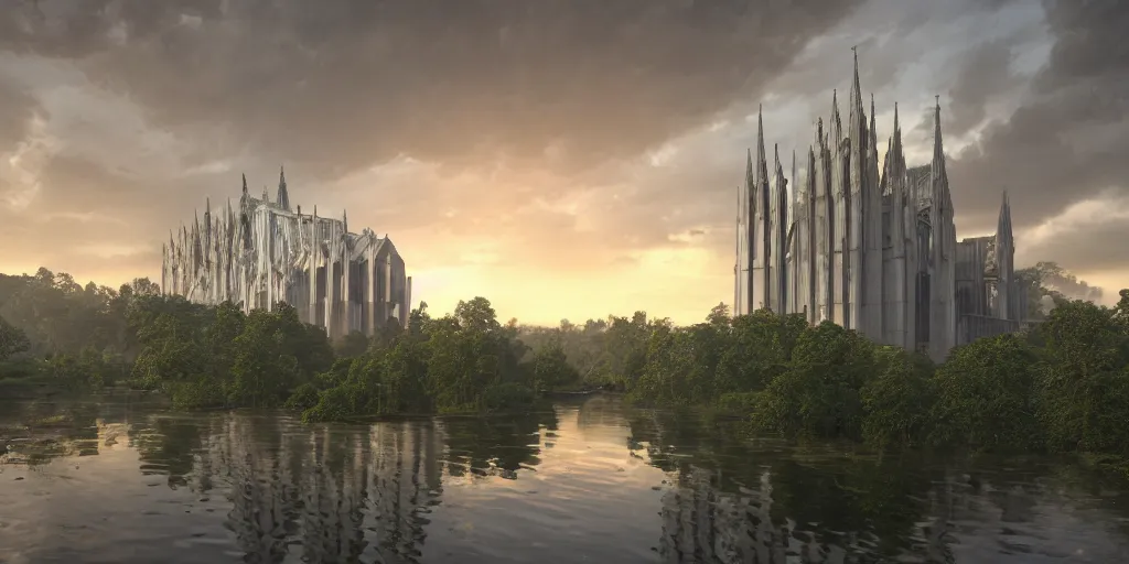 Prompt: a stunningly detailed cathedral designed by Le Corbusier, surrounded by lush green forest, ponds of water, stunning volumetric lighting, sunset, metal, concrete, glass, stunning skies, trending on Artstation, 8k, photorealistic, hyper detailed, unreal engine 5, IMAX quality, cinematic, epic lighting, in the style of Greg Rutkowski