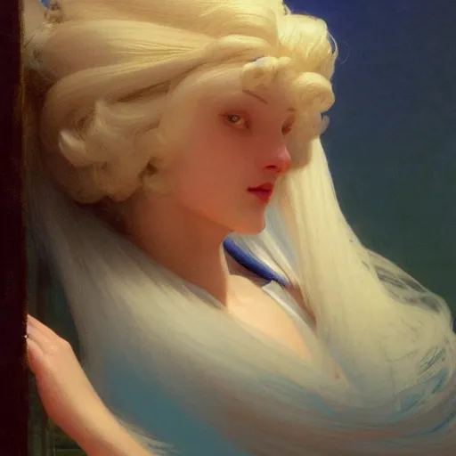 Image similar to a young woman's face, her hair is white and she wears a cobalt blue satin cloak, by ivan aivazovsky and syd mead and moebius and gaston bussiere and roger dean and pieter claesz and paul delaroche and alma tadema and aelbert cuyp and willem claesz, hyperrealistic, volumetric light, octane render