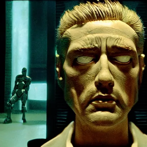 Prompt: movie scene of a man with a robot head, movie still, cinematic composition, cinematic light, criterion collection, reimagined by industrial light and magic, Movie by David Lynch and andrzej zulawski