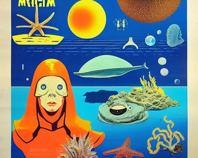 Prompt: 1976 science fiction poster, cut out, nouvelle vague, beach on the outer rim, epic theater, tropical sea creatures, aquatic plants, drawings in style of Terry Gilliam, composition William S Boroughs, written by Michael Ende