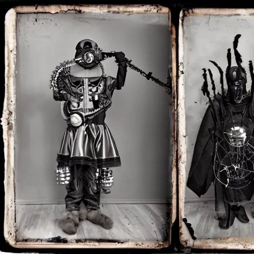 Image similar to tintype photographs of techno shamans, telepaths, dieselpunk cyborgs, masked heroes, irradiated humans, mystic mutates and monster hunters