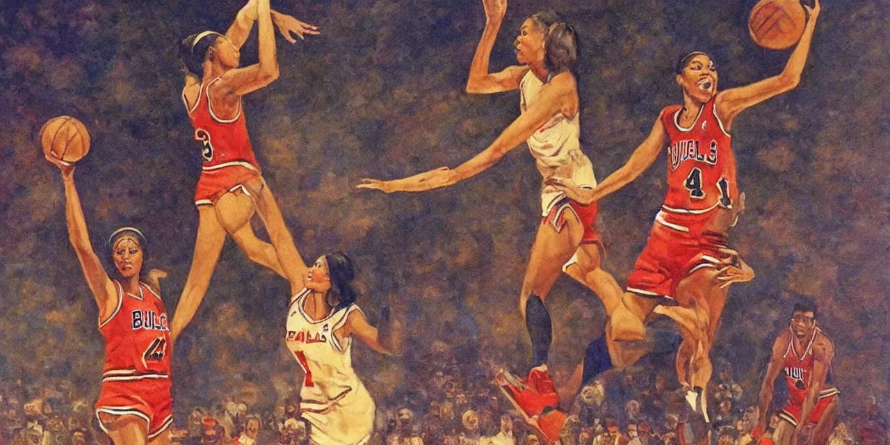 Prompt: candace parker playing basketball in a chicago bulls jersey art by frank frazetta, wide angle view,