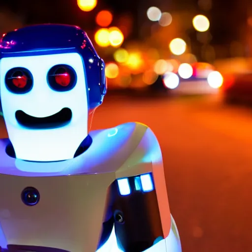 Prompt: close up photo of a robot smiling downtown at night, 50mm shallow depth of field