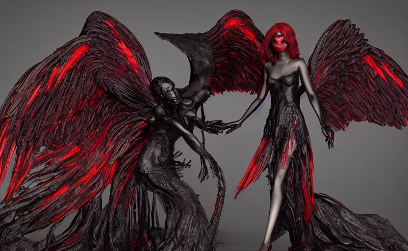 Image similar to Female dark angel in gothic red and black dress, their black wings are extended. She is in the bioluminescent forest. Horror scene, highly detailded. Bronze statue, unreal engine