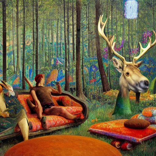 Image similar to psychedelic couch sofa in the lush pine forest, milky way, people with moose antlers, designed by arnold bocklin, jules bastien - lepage, tarsila do amaral, wayne barlowe and gustave baumann, cheval michael, trending on artstation, star, sharp focus, colorful refracted sparkles and lines, soft light, 8 k 4 k