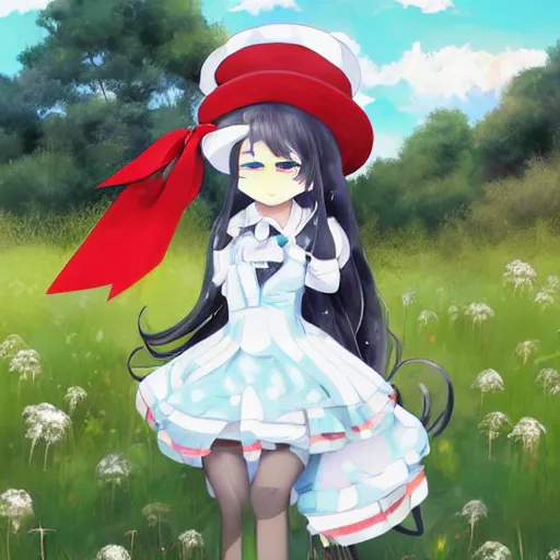 Prompt: a cute anime girl with long white hair and a round hat wearing a black and white school uniform with a red ribbon stands on the edge of a moving steam train surrounded by grass fields and nature on a beautiful windy and sunny day with blue sky, art by rimuu, art by fuzichoco, art by ayamy