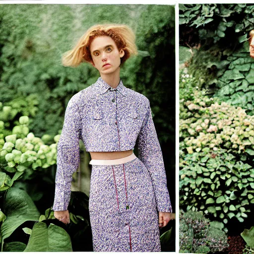 Prompt: realistic photoshoot for a new balenciaga lookbook, color film photography, portrait of a beautiful person, in style of Campbell Addy, location in a garden, 35mm