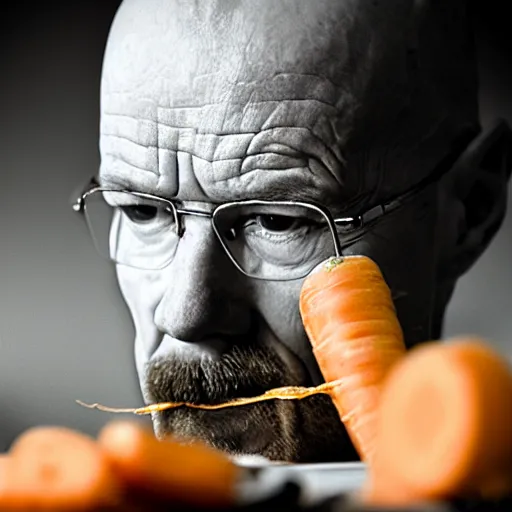 Prompt: walter white eating carrots, close up, professional photography, film still, dramatic lighting, melancholy