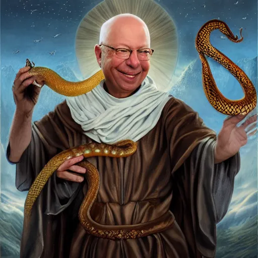 Prompt: a detailed fantasy character painting of Klaus Schwab holding a snake, dressed like Jesus Christ, black glowing eyes, by lauri blank, artgerm, evelyn de morgan, 8K, 50mm lens