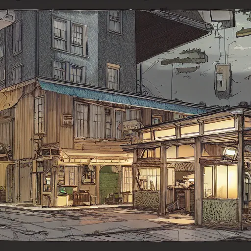 Prompt: cutaway drawing of an inn by Makoto shinkai, Geoff darrow