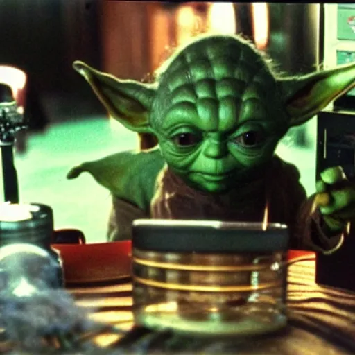 Image similar to 3 5 mm film slide of steven spielberg directed scene of a yoda smoking a bong inside a yoda themed bong and weed shop.