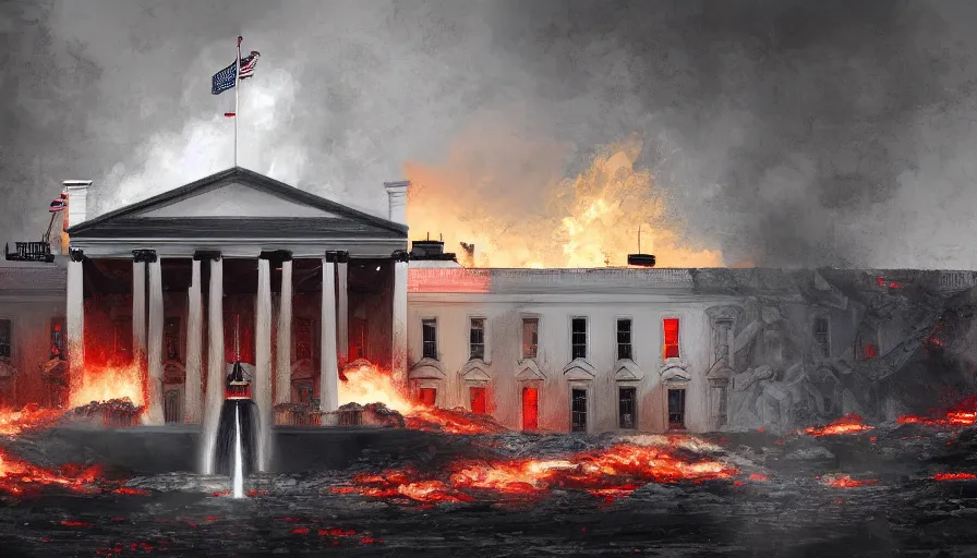 Image similar to Digital painting of the burning White House in destroyed Washington DC, wide view, hyperdetailed, artstation, cgsociety, 8k