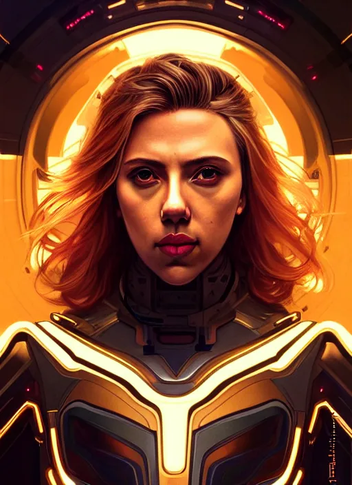 Image similar to symmetry!! portrait of scarlett johansson, gold sci - fi armour, tech wear, glowing lights!! sci - fi, intricate, elegant, highly detailed, digital painting, artstation, concept art, smooth, sharp focus, illustration, art by artgerm and greg rutkowski and alphonse mucha