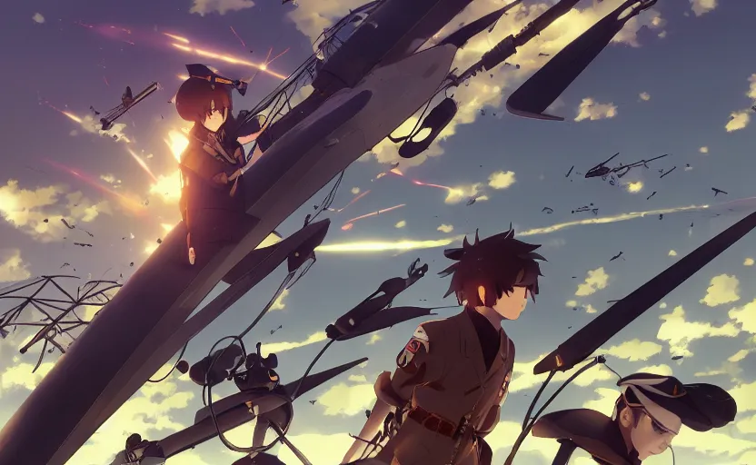 Image similar to Battle of Midway by Makoto Shinkai, cyborgs, futuristic, steampunk, Magic