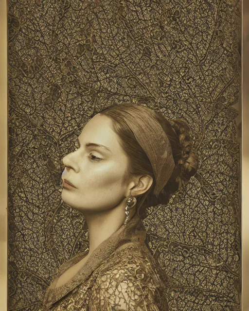 Image similar to a woman's face in profile, made of intricate decorative lace leaves, in the style of the dutch masters and gregory crewdson, dark and moody