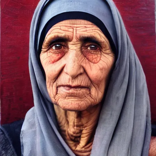 Prompt: portrait of a gentle and caring Kurdish grandmother, very detailed eyes, hyperrealistic, beautiful, very detailed painting by Glenn Fabry, trending on artstation, extremely high detail, incredibly intricate