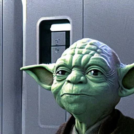 Prompt: master yoda too short to use the urinal in the bathroom of the death star, movie scene from a star wars movie 1 9 9 9