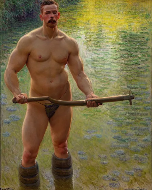 Image similar to muscular soldier wading through a river, long rubber wading boots, sunlight shining on his skin, reflective water, painting by tom of finland, gaston bussiere, craig mullins, j. c. leyendecker, claude monet