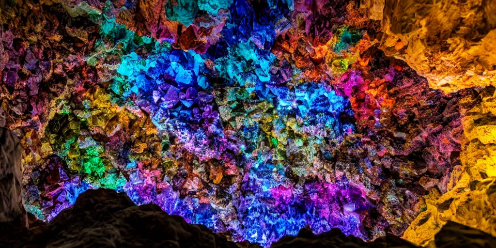 Image similar to multi-colored crystals in the depths of a mining cave, wide lens, diorama, 4k,