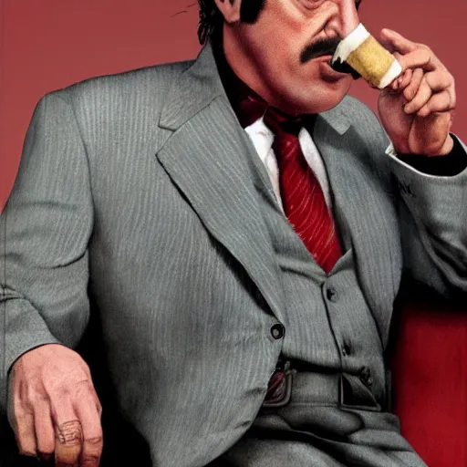 Image similar to saul goodmen as a mafia boss with cigar in mout, 8k, realistic,