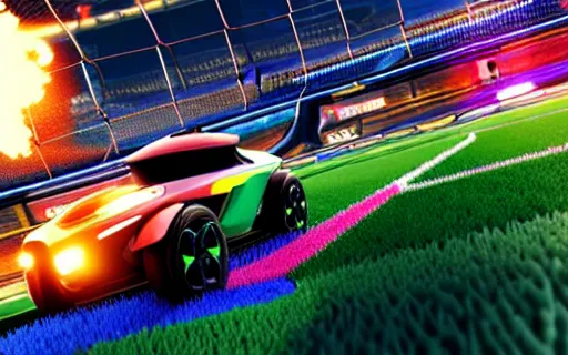 Image similar to rocket league goal, car soccer, ball exploding, dramatic lighting, moody lighting, muted color, 4 k, hq, octane render, dynamic angle, marketing, promotional.