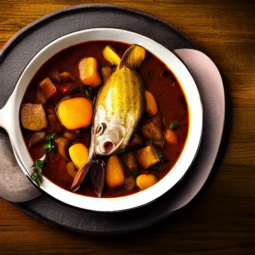 Prompt: stew with a fish head, backlight minimalistc photograph