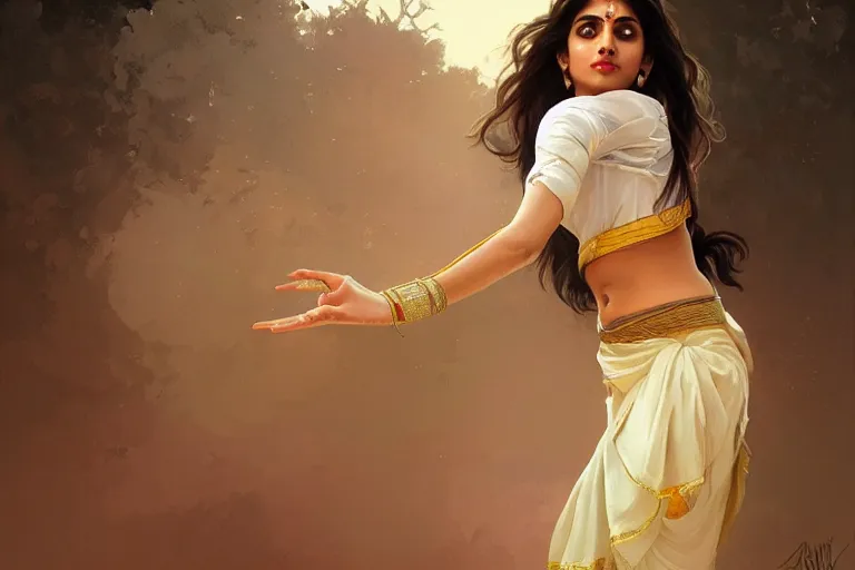 Image similar to Beautiful pale young Indian doctor wearing a skirt dancing in Texas, portrait, elegant, intricate, digital painting, artstation, concept art, smooth, sharp focus, illustration, art by artgerm and greg rutkowski and alphonse mucha