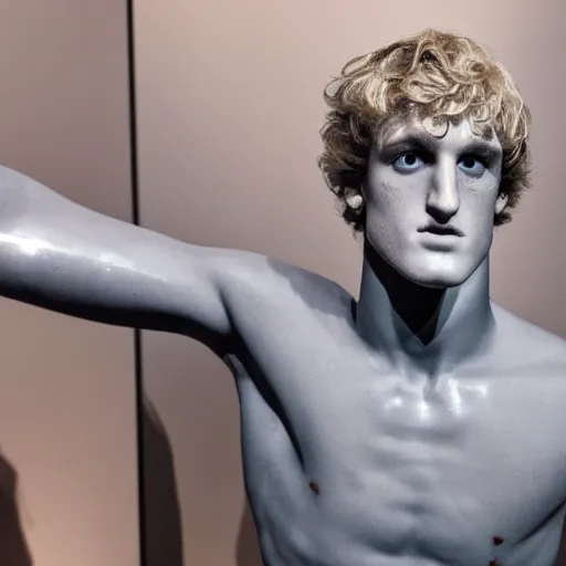 Image similar to a realistic detailed photo of a guy who is an attractive humanoid who is half robot and half humanoid, who is a male android, boxer and youtuber logan paul, shiny skin, posing like a statue, blank stare, at the museum, on display