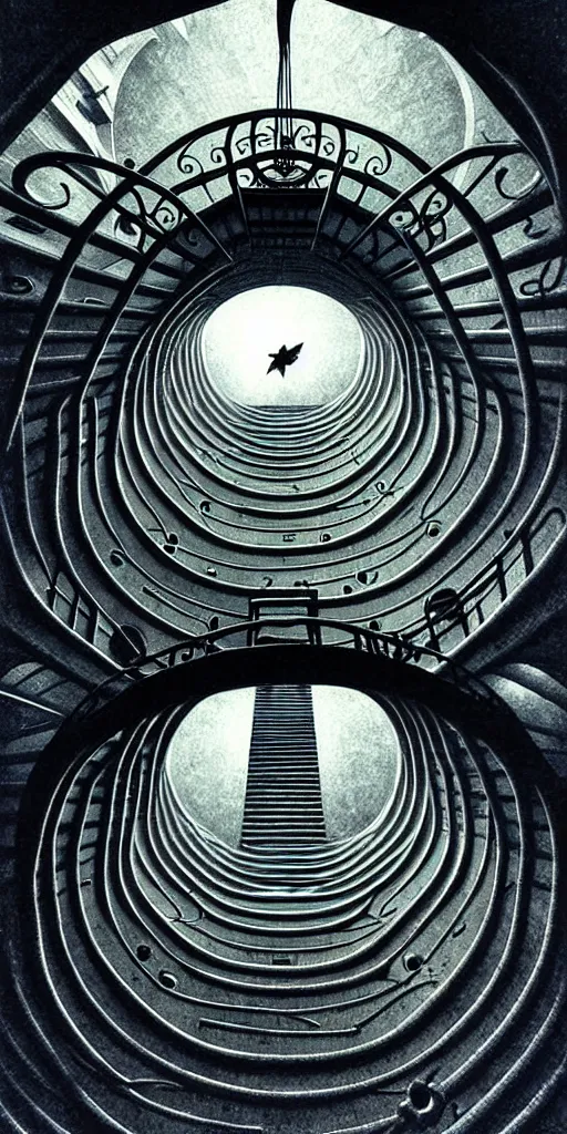 Image similar to big spiral stairways on old ship, inhabited on many levels, flying birds, by beksinski, shining light, strong perspective, clear geometry, architecture, Award winning. Masterpiece, detailed illustration