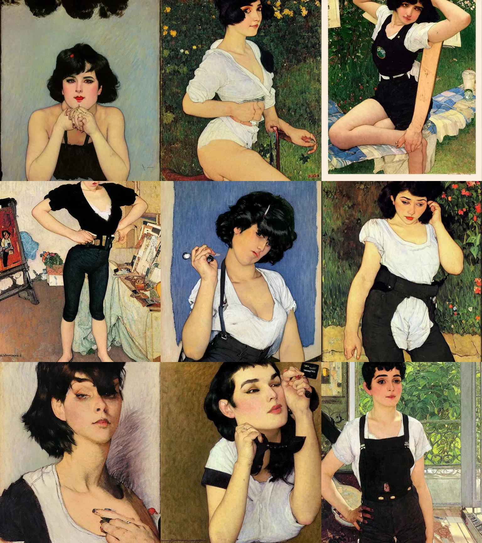 Prompt: a woman with black hair and long pixie haircut in shorts with suspenders and white t-shirt drawn by alphonso azpiri, gustave caillebotte, Alexandre Cabanel, norman rockwell, ralph bakshi, maler collier, amedeo modigliani, alphonse mucha, gustav klimt 4k, unreal 5, DAZ, french noveau, trending on artstation, octane render, hyperrealistic