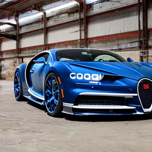 Prompt: an abandoned, derelict, rusty bugatti chiron in a dirty warehouse