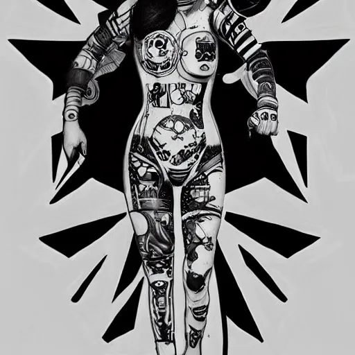 Prompt: cyberpunk underwater diver, black and white tattoo design, stencil, on white skin, by artgerm