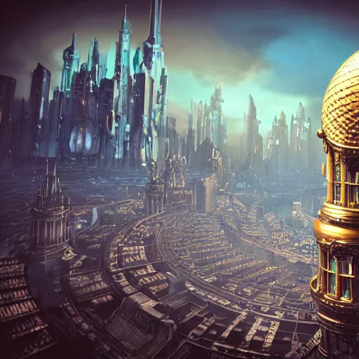 Image similar to enormous city in a faberge egg, sky, steampunk, fantasy art, masterpiece, octane render