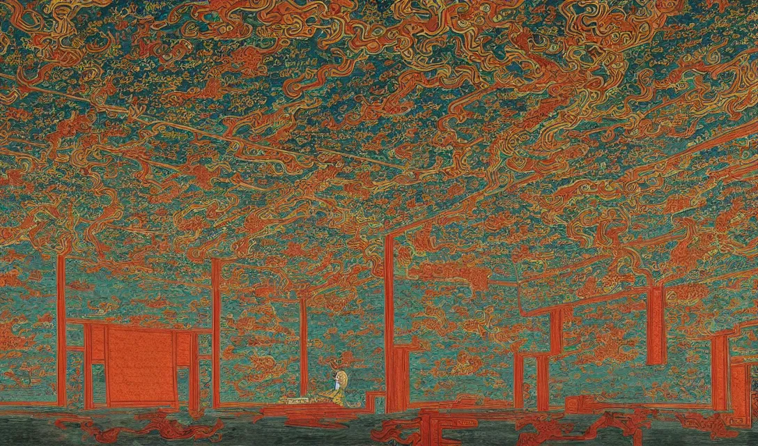 Prompt: beautiful hyperdetailed 4 k hd wallpaper illustration interior of tang dynasty palace in china, wall painting, from china, with dragon throne, fine delicate structure, chinese style, victo ngai