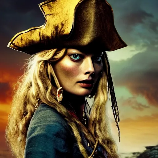 Prompt: stunning awe inspiring margot robbie as a pirate in pirates of the caribbean, movie still 8 k hdr atmospheric lighting