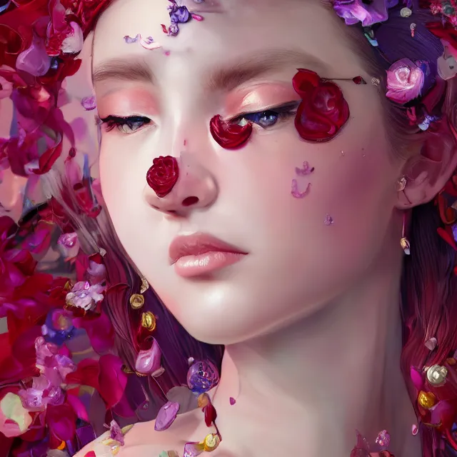 Image similar to studio portrait absurdly beautiful, elegant, lovely, young hypercolorful sensual gravure idol rubies red petals gems, ultrafine hyperrealistic detailed face illustration by kim jung gi, irakli nadar, intricate linework, sharp focus, bright colors, matte, octopath traveler, final fantasy, unreal engine highly rendered, global illumination, radiant light, intricate rainbow environment