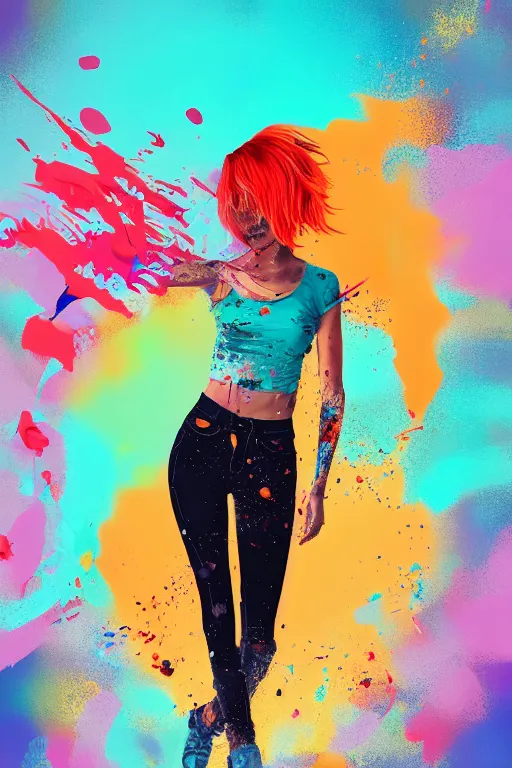 Image similar to a award winning half body portrait of a beautiful woman in a croptop and cargo pants with ombre orange blue teal hairstyle with head in motion and hair flying, paint splashes, splatter, outrun, vaporware, shaded flat illustration, digital art, trending on artstation, highly detailed, fine detail, intricate