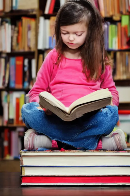 Image similar to a little girl sits cross legged on top of a tall pile of books. she is reading. clean pretty cartoon painting, beautiful detailed face.