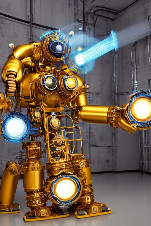 Image similar to portrait photo of a giant huge golden and blue metal humanoid steampunk robot vaccuum cleaner, with gears and tubes, in the hand are mop and bucket, eyes are glowing red lightbulbs, shiny crisp finish, 3 d render, 8 k, insaneley detailed, fluorescent colors, background is multicolored lasershow